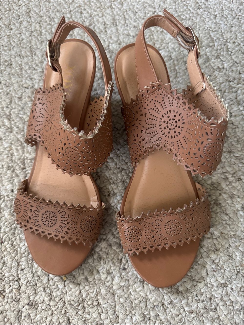 XOXO Tan Laser-Cut Slingback Sandals